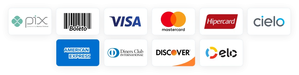 Software: Os logotipos de vários métodos de pagamento, incluindo Pix, Boleto, Visa, Mastercard, Hipercard, Cielo, American Express, Diners Club International, Discover e Elo, estão dispostos em uma grade para simplificar seu processo ao comprar um software ou adquirir uma nova licença.