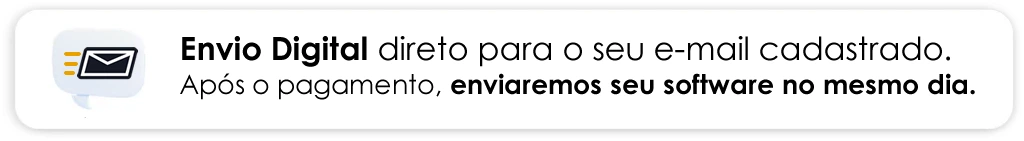 Software: Ilustração de envelope com texto em português: Envio Digital direto para o seu e-mail cadastrado. Após o pagamento, enviaremos seu software no mesmo dia. Comprar licença em nossa loja de software é rápido e conveniente.