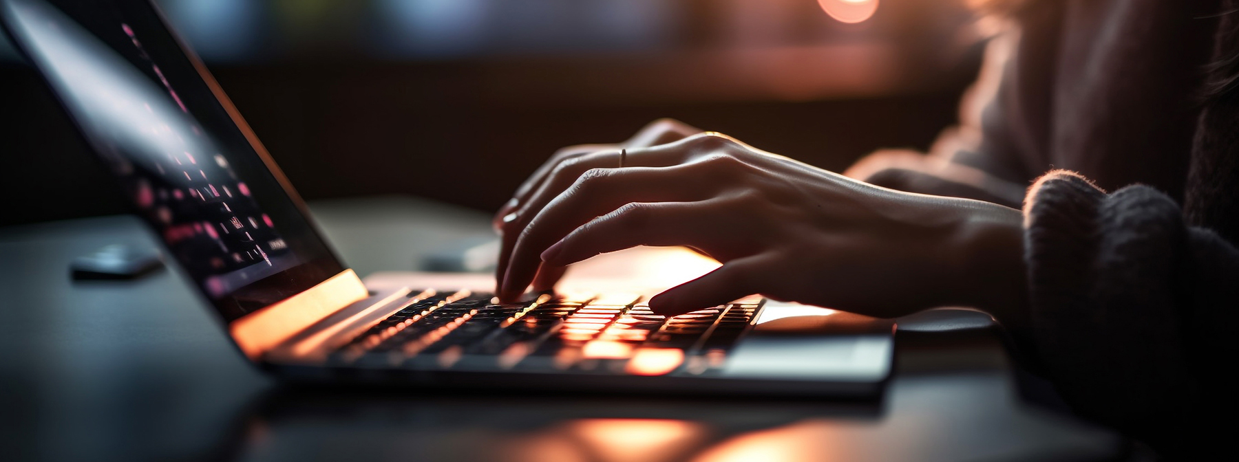 Software: Uma pessoa está digitando em um laptop em uma sala mal iluminada, concentrando-se em suas mãos. A luz quente da tela ilumina a cena, lançando um brilho suave no teclado e nos arredores enquanto eles ponderam se devem comprar software para seu projeto.