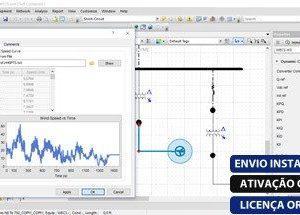 Software: Uma tela de computador exibindo a interface do software de simulação CYME 9.0 com um gráfico de linhas e diagrama de circuitos. As sobreposições de texto dizem ENVIO INSTANTÂNEO, ATIVAÇÃO ONLINE e LICENÇA ORIGINAL, destacando a facilidade de entrega imediata quando você compra o CYME 9.0 em uma loja de software.