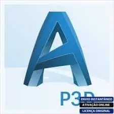 Software: Uma letra A azul 3D está posicionada acima do texto "AutoCAD Plant 3D" contra um fundo claro. No canto inferior direito, há rótulos em português: Envio Instantâneo, Ativação Online e Licença Original — perfeito para quem quer comprar o software Autodesk AutoCAD Plant 3D com entrega imediata.