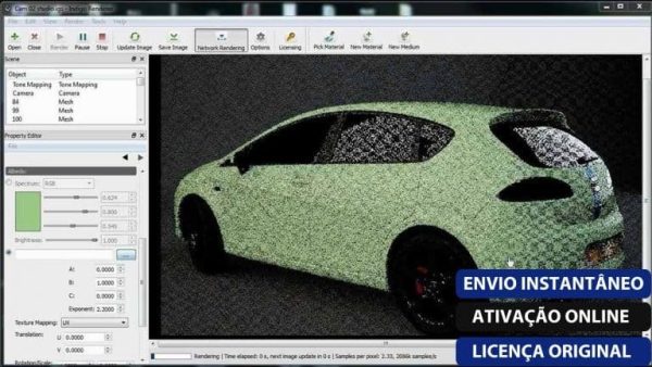 Software: Uma tela de computador exibe o Indigo Renderer 4.2.24 x64 com software de renderização 3D exibindo um modelo de carro verde, incluindo mapeamento de tons e configurações de exposição. A sobreposição de texto diz: ENVIO INSTANTÂNEO, ATIVAÇÃO ONLINE, LICENÇA ORIGINAL. Ideal para quem busca comprar software ou obter uma licença de comprar com segurança e facilidade.