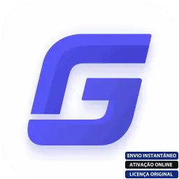 Software: Uma letra G azul estilizada com um design moderno e angular em um fundo branco. No canto inferior direito, pequenos retângulos azuis e pretos fornecem texto em português sobre onde comprar licença para o GstarCAD v22 Professional, este software inovador.