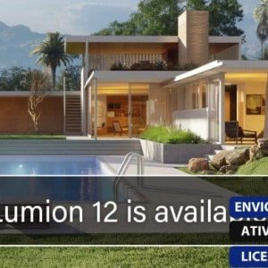 Software: Casa moderna com piscina e jardim, situada entre árvores e montanhas. O texto destaca a disponibilidade do Lumion 12 – Licença Vitalícia, oferecendo uma chance de comprar licença original. Etiquetas adicionais em português incluem ENVIO INSTANTÂNEO ATIVAÇÃO ONLINE LICENÇA ORIGINAL.