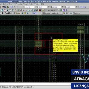 Software: Captura de tela da interface do Mentor Graphics Caliber 2019.1 Linux mostrando um design de circuito complexo com grades e linhas coloridas. A tela inclui menus, botões de controle e seções rotuladas com detalhes como M13 line-end. No canto inferior direito, há um texto em português sobre licenciamento que menciona entrega imediata.