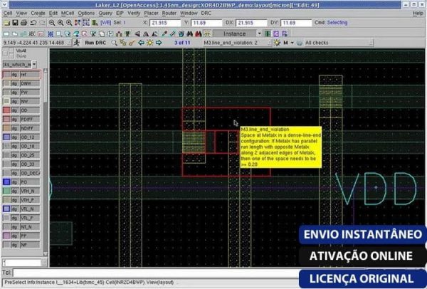 Software: Captura de tela da interface do Mentor Graphics Caliber 2019.1 Linux mostrando um design de circuito complexo com grades e linhas coloridas. A tela inclui menus, botões de controle e seções rotuladas com detalhes como M13 line-end. No canto inferior direito, há um texto em português sobre licenciamento que menciona entrega imediata.