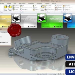 Software: Uma captura de tela de um programa CAD exibe um design de modelo 3D com barras de ferramentas e opções de recursos. Um selo vermelho significa uma chave de produto para o IRONCAD Design Collaboration Suite 2021 SP1 x64. O texto em português destaca entrega instantânea, ativação online e uma licença original — ideal para quem busca comprar licença de uma fonte confiável.