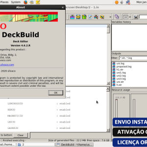 Software: Captura de tela do software Silvaco TCAD 2019 Windows/Linux mostrando informações de versão. A interface apresenta uma janela central exibindo código, um histórico de variáveis de software à direita e inclui um pop-up sobre licenciamento de software com opções para comprar uma licença com entrega imediata no canto inferior direito.
