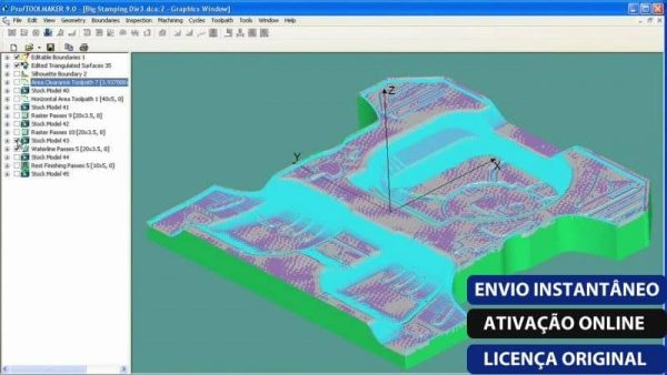 Software: Um display com PTC Pro / TOOLMAKER 9.0 M070 x86 / x64 mostra software de modelagem 3D com uma visualização de design de componentes. A interface apresenta uma lista de recursos de superfície, enquanto caixas de texto promocionais azuis em português enfatizam "entrega imediata" no canto inferior direito.