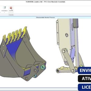 Software: O software PTC Creo Illustrate 7.1.1.0 x86 / x64 auxilia na desmontagem de uma caçamba de escavadeira com suas ferramentas intuitivas e recursos de navegação, juntamente com uma caixa de texto que fornece instruções detalhadas para a remoção da caçamba. Abaixo, um banner azul exibe "Envio Instantâneo, Ativação Online, Licença Original" — ideal para quem deseja comprar uma licença em uma loja de software.