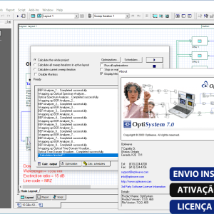 Software: Captura de tela da interface do Optiwave OptiSystem 7.0 destacando uma janela de conclusão de simulação bem-sucedida. O software exibe um diagrama esquemático de óptica intrincado com dois botões rotulados em azul e preto: "Envio Instantâneo" e "Licença Original", ideal para quem deseja comprar software com entrega imediata.
