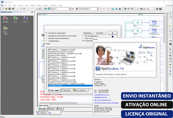 Software: Captura de tela da interface do Optiwave OptiSystem 7.0 destacando uma janela de conclusão de simulação bem-sucedida. O software exibe um diagrama esquemático de óptica intrincado com dois botões rotulados em azul e preto: "Envio Instantâneo" e "Licença Original", ideal para quem deseja comprar software com entrega imediata.