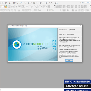 Software: Captura de tela da interface do software PhotoModeler Premium 2017 com a janela Sobre aberta. A janela exibe informações sobre a versão do software e detalhes de licenciamento, perfeito para aqueles que procuram comprar licença instantaneamente de uma loja de software confiável com entrega imediata.