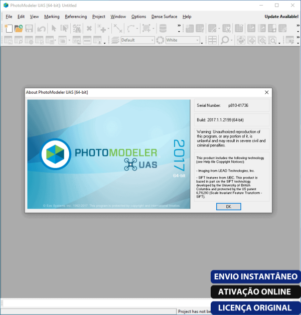 Software: Captura de tela da interface do software PhotoModeler Premium 2017 com a janela Sobre aberta. A janela exibe informações sobre a versão do software e detalhes de licenciamento, perfeito para aqueles que procuram comprar licença instantaneamente de uma loja de software confiável com entrega imediata.