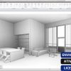 Software: Uma renderização digital de um design de sala moderno e minimalista exibido em uma tela de computador destaca recursos como uma mesa com cadeiras, um sofá, prateleiras e janelas grandes. Sobreposições de texto em português anunciam entrega instantânea e ativação online para o Revit LT 2021 da sua loja de software favorita com uma licença original.
