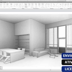 Software: Uma renderização digital de um design de sala moderno e minimalista exibido em uma tela de computador destaca recursos como uma mesa com cadeiras, um sofá, prateleiras e janelas grandes. Sobreposições de texto em português anunciam entrega instantânea e ativação online para o Revit LT 2021 da sua loja de software favorita com uma licença original.