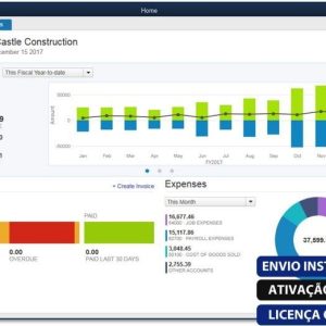Software: Uma captura de tela do QuickBooks Enterprise Accountant / Solutions 2021 v21.0 exibe uma interface de software financeiro com um gráfico de barras e linhas intitulado "Lucros e perdas" para a Rock Castle Construction, juntamente com detalhamentos de receitas e despesas. O software inclui um gráfico de pizza e caixas de texto coloridas que resumem várias métricas financeiras, fornecendo insights imediatos.