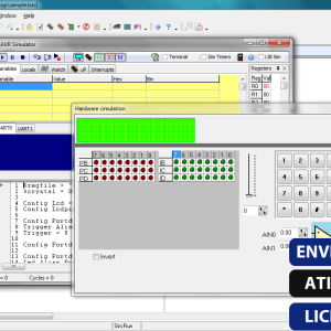 Software: Um monitor de computador exibe várias janelas sobrepostas com interfaces de programação de software e ferramentas de simulação. Vários botões e diagramas são visíveis, e o texto na parte inferior declara BASCOM-AVR 2.0.8.2 / 8051 v2.0.16.0, enfatizando a entrega instantânea com ativação imediata quando você compra o software original online.