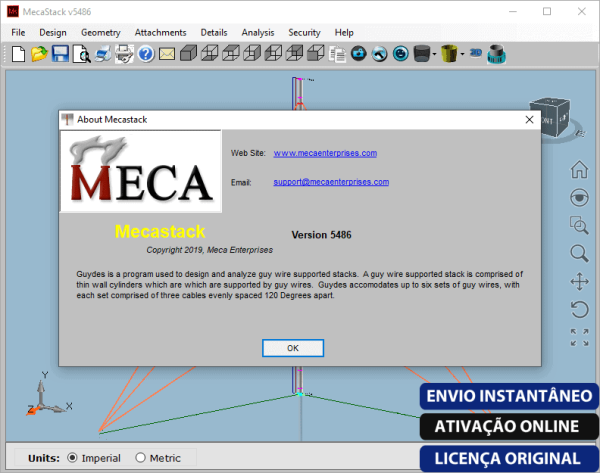 Software: Captura de tela do software MecaStack 5.4.8.6 exibindo uma janela Sobre que inclui informações de contato e uma descrição do programa. Gráficos tridimensionais de estruturas e elementos de design são visíveis no fundo, com texto em português sobrepondo a imagem. Ideal para indivíduos que buscam comprar uma licença com entrega imediata.