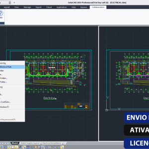 Software: Captura de tela do software GstarCAD v22 Professional exibindo um plano elétrico. A tela inclui barras de ferramentas, uma árvore de arquivos e um menu de clique com o botão direito com opções. Sobreposições de texto no canto inferior direito dizem ENVIO INSTANTÂNEO, ATIVAÇÃO ONLINE e LICENÇA ORIGINAL — ideal para quem procura comprar licença de uma loja de software confiável.