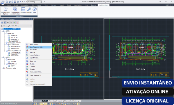 Software: Captura de tela do software GstarCAD v22 Professional exibindo um plano elétrico. A tela inclui barras de ferramentas, uma árvore de arquivos e um menu de clique com o botão direito com opções. Sobreposições de texto no canto inferior direito dizem ENVIO INSTANTÂNEO, ATIVAÇÃO ONLINE e LICENÇA ORIGINAL — ideal para quem procura comprar licença de uma loja de software confiável.
