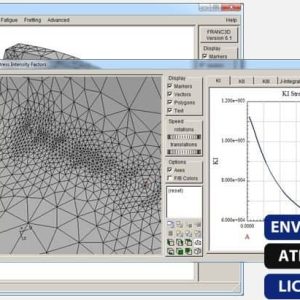 Software: Uma captura de tela da interface do software Análise de Fratura FRANC3D 6.0.5 mostra um modelo de malha 3D à esquerda e um gráfico rotulado KI Stress Intensity Factor à direita. Dois banners azuis com texto em português enfatizam entrega imediata e licença original, indicando ativação online instantânea para compra do software.