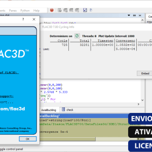 Software: Uma tela de computador exibe o software Itasca FLAC3D em execução com um pop-up mostrando a versão 6.00.69 x64. Atrás dele, uma janela de saída revela dados numéricos. No canto inferior direito, botões fornecem opções para comprar licença ou explorar a loja de software para ativação online e licenciamento original.