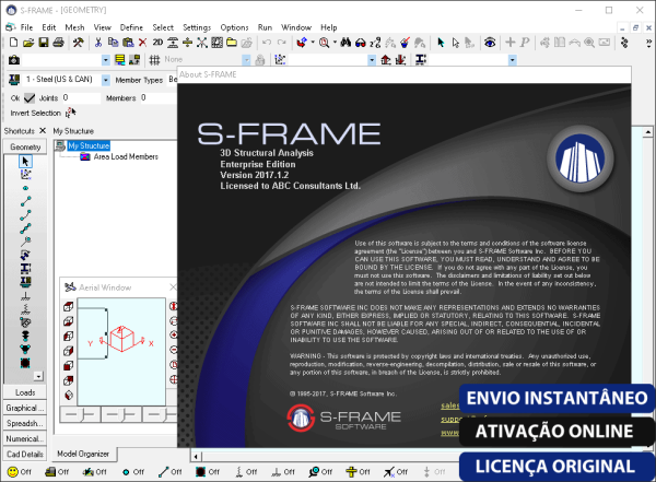 Software: Captura de tela da interface do S-FRAME Product Suite 2017 Enterprise para análise estrutural 3D. Sobreposta está uma tela de boas-vindas detalhando a versão do software e informações de licenciamento. A interface exibe várias opções de menu e um pequeno diagrama no canto inferior esquerdo, pronto para uso imediato após a compra.