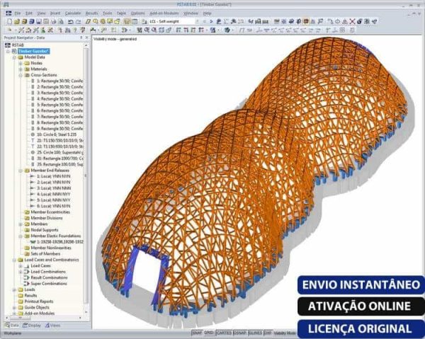 Software: Na tela do computador, o Dlubal RSTAB 8.25.02 x64 Multilingual é mostrado executando um software de arquitetura que apresenta um intrincado modelo 3D de uma estrutura com estruturas de treliça laranja. A interface inclui menus e opções no lado esquerdo. No canto, o texto diz ENVIO INSTANTÂNEO, ATIVAÇÃO ONLINE, LICENÇA ORIGINAL, indicando entrega imediata quando você comprar licença.