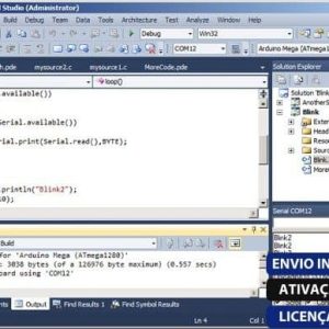 Software: Uma captura de tela do Visual Micro (Visual Studio IDE para Arduino) 2020.318.1 para VS 2017-2019 mostra um esboço do Arduino centralizado em um loop de comunicação serial, com vários painéis, como Solution Explorer e Output, visíveis. No canto inferior direito, há um texto em português sobre ativação e como comprar licença para o software.