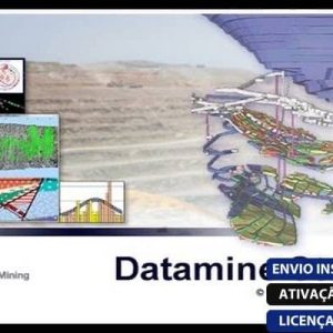 Software: Uma colagem exibindo visualizações do CAE Datamine Studio 3.21.7164.0, apresentando modelos de dados geológicos e renderizações 3D. O logotipo da CAE Mining é exibido com destaque no canto inferior esquerdo, acompanhado de rótulos indicando entrega instantânea, ativação online e uma licença original em português. Ideal para quem quer comprar software de uma loja de software confiável.