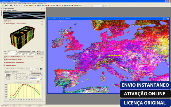 Software: A plataforma digital do Clark Labs TerrSet 18.31 exibe imagens de satélite vívidas da Europa, acompanhadas por um gráfico e uma caixa 3D ao lado. Botões rotulados como "Envio Instantâneo", "Ativação Online" e "Licença Original" estão disponíveis para interação. Experimente a entrega imediata ao comprar licença, garantindo acesso contínuo ao software.
