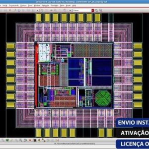 Software: Uma visão de perto de uma tela de computador exibe um projeto de circuito eletrônico complexo usando o software Cadence IC Design Virtuoso 06.17.722 / Specter 17.10.124. O layout intrincado é cercado por ferramentas e menus, com texto na parte inferior dizendo "ENVIO INSTANTÂNEO, ATIVAÇÃO ONLINE, LICENÇA ORIGINAL." Visite nossa loja de software para comprar a licença de forma fácil e segura.