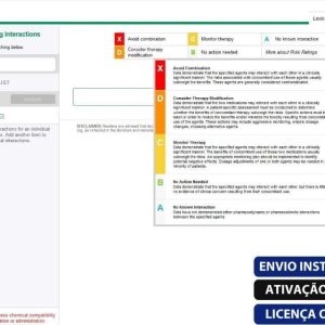 Software: Captura de tela de uma interface de interações medicamentosas do UpToDate 2.0 Todos os sistemas operacionais, um software líder em seu campo. Inclui classificações de risco de interação de A a X, cada uma com orientação específica. A página também mostra isenções de responsabilidade e uma barra lateral para adicionar itens. Texto promocional em português sobre "entrega imediata" aparece no canto inferior direito.