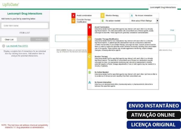 Software: Captura de tela de uma interface de interações medicamentosas do UpToDate 2.0 Todos os sistemas operacionais, um software líder em seu campo. Inclui classificações de risco de interação de A a X, cada uma com orientação específica. A página também mostra isenções de responsabilidade e uma barra lateral para adicionar itens. Texto promocional em português sobre "entrega imediata" aparece no canto inferior direito.