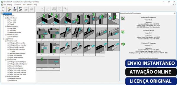 Software: Captura de tela da interface do CWC WoodWorks Design Office v11.1 sr-1 mostrando uma grade de diagramas de juntas de madeira 3D com várias configurações de conexão. No lado direito, há uma lista detalhada de recursos, informações de versão e botões para entrega imediata, ativação online e licença original desta loja de software.