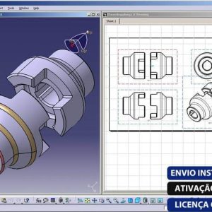 Software: Uma tela de computador exibe um modelo 3D e desenhos técnicos de uma peça mecânica usando o software DS CATIA P3 V5-6R2020 SP6 x64 + Documentação. A interface destaca ferramentas de design e recursos de montagem, com texto no canto inferior direito dizendo: ENVIO INSTANTÂNEO, ATIVAÇÃO ONLINE, LICENÇA ORIGINAL. Isso é ideal para quem busca comprar software profissionalmente.