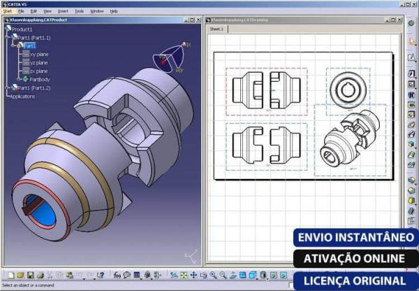 Software: Uma tela de computador exibe um modelo 3D e desenhos técnicos de uma peça mecânica usando o software DS CATIA P3 V5-6R2020 SP6 x64 + Documentação. A interface destaca ferramentas de design e recursos de montagem, com texto no canto inferior direito dizendo: ENVIO INSTANTÂNEO, ATIVAÇÃO ONLINE, LICENÇA ORIGINAL. Isso é ideal para quem busca comprar software profissionalmente.
