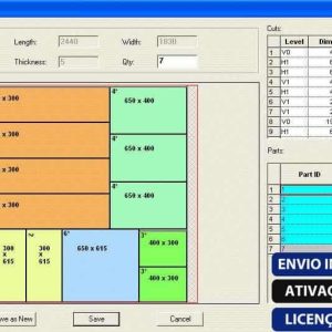 Software: Uma captura de tela da interface do software Nirvana Technologies PLUS 2D Metal / Vidro / Madeira 10.52 mostra uma revisão de padrão para corte de vidro. Inclui recursos como dimensões, uma lista de corte e detalhes das peças. Vários retângulos preenchidos simbolizam as seções de corte, com botões de validação e salvamento colocados na parte inferior — perfeito para aqueles interessados em comprar uma licença.