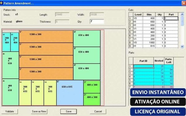 Software: Uma captura de tela da interface do software Nirvana Technologies PLUS 2D Metal / Vidro / Madeira 10.52 mostra uma revisão de padrão para corte de vidro. Inclui recursos como dimensões, uma lista de corte e detalhes das peças. Vários retângulos preenchidos simbolizam as seções de corte, com botões de validação e salvamento colocados na parte inferior — perfeito para aqueles interessados em comprar uma licença.