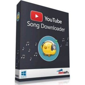 Software: Caixa para Youtube Song Downloader da Abelssoft. O pacote exibe um pássaro amarelo vibrante com fones de ouvido, cercado por notas musicais. Compatível com Windows, este software está disponível para entrega imediata quando você compra uma licença.