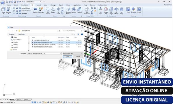Software: Uma tela de computador exibindo o GstarCAD v22 Professional de uma loja de software, com uma janela aberta mostrando opções de arquivo. A interface inclui um modelo wireframe de uma casa, e texto de sobreposição em português anuncia entrega instantânea, ativação online e a compra de uma licença original.
