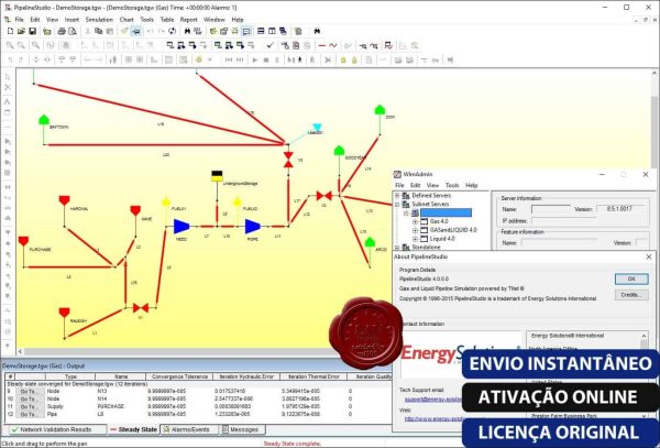 Software: Captura de tela da interface do ESI PipelineStudio 4.2.1.0 apresentando um fluxograma com setas e símbolos. Uma janela modal apresenta detalhes da licença do software. Na parte inferior, um selo vermelho e texto em português enfatizam comprar licença, entrega imediata, ativação online e licença original.