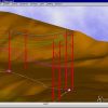 Software: Um modelo 3D gerado por computador de torres de transmissão vermelhas colocadas contra um terreno montanhoso, com várias linhas coloridas conectando as torres para representar fios elétricos. Esta imagem impressionante é parte do software Pls Cadd + Pls-Pole Tower Caisson da Solvusoft, disponível agora para entrega imediata através da sua loja de software favorita.