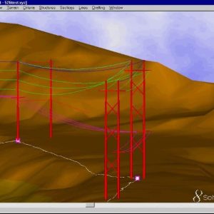 Software: Um modelo 3D gerado por computador de torres de transmissão vermelhas colocadas contra um terreno montanhoso, com várias linhas coloridas conectando as torres para representar fios elétricos. Esta imagem impressionante é parte do software Pls Cadd + Pls-Pole Tower Caisson da Solvusoft, disponível agora para entrega imediata através da sua loja de software favorita.