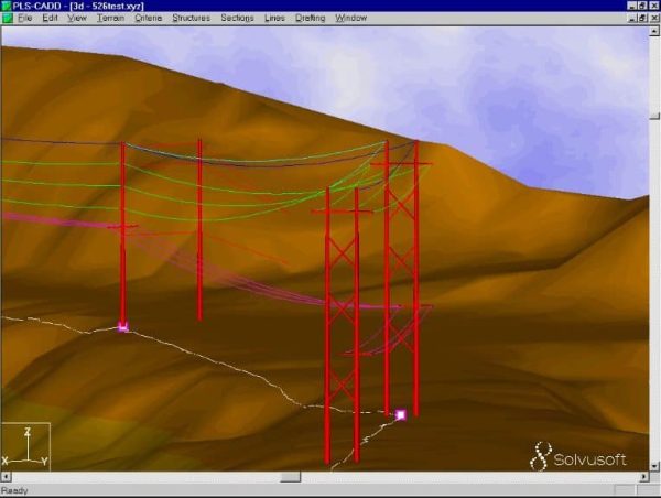 Software: Um modelo 3D gerado por computador de torres de transmissão vermelhas colocadas contra um terreno montanhoso, com várias linhas coloridas conectando as torres para representar fios elétricos. Esta imagem impressionante é parte do software Pls Cadd + Pls-Pole Tower Caisson da Solvusoft, disponível agora para entrega imediata através da sua loja de software favorita.