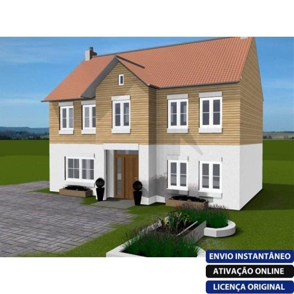 Software: Uma casa moderna de dois andares com uma fachada superior de madeira e uma metade inferior branca reflete a sofisticação perfeita do design inovador do 3D Architect Home Designer Pro. O jardim da frente inclui um pequeno jardim e um caminho de pedra guiando até a entrada, tudo sob um céu azul e claro.