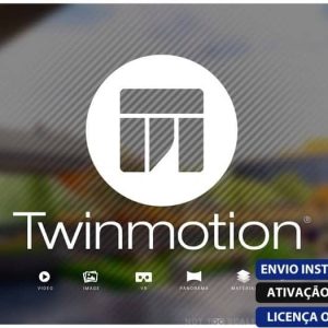 Software: Logo do software Twinmotion em um fundo listrado, apresentando um ícone estilizado de edifício. Abaixo ícones para vídeo, imagem, VR, panorama e materiais. O texto diz "Envio Instantâneo" e "Ativação Online"; a compra de licença está disponível através da loja de software garantindo entrega imediata com Licença Vitalícia Original Twinmotion.