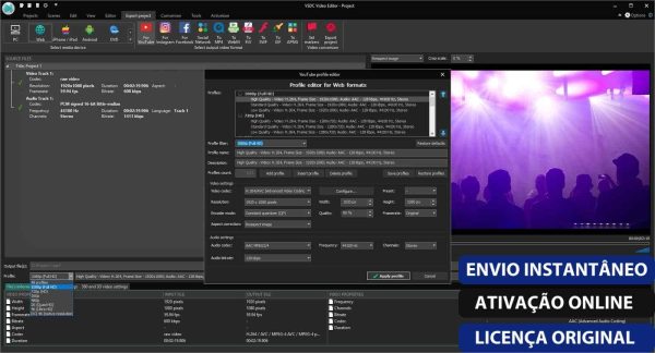 Software: Captura de tela da interface do VSDC Video Editor Pro 6.7.3 exibindo configurações de exportação para formatos da web. Várias opções e configurações são visíveis, juntamente com uma prévia de uma silhueta de palco e público. Texto em destaque: Envio Instantâneo, Ativação Online, Licença Original. Perfeito para aqueles interessados em comprar uma licença por meio de uma loja de software online.