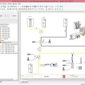 Software: Uma captura de tela do EPLAN Electric P8 - Software com todos Módulos e Licença, pronto para compra imediata na sua loja de software preferida, mostrando um diagrama esquemático elétrico. A interface apresenta uma árvore de projeto, uma variedade de componentes elétricos e conexões, com barras de ferramentas de arquivo e edição visíveis no topo.